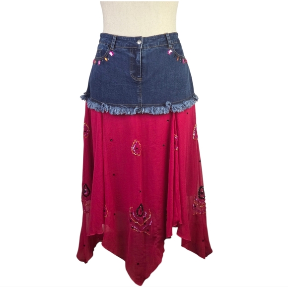 Vintage Metrostyle Denim & Geranium Pink Handkerchief Hem Maxi Skirt 12 - Picture 1 of 6